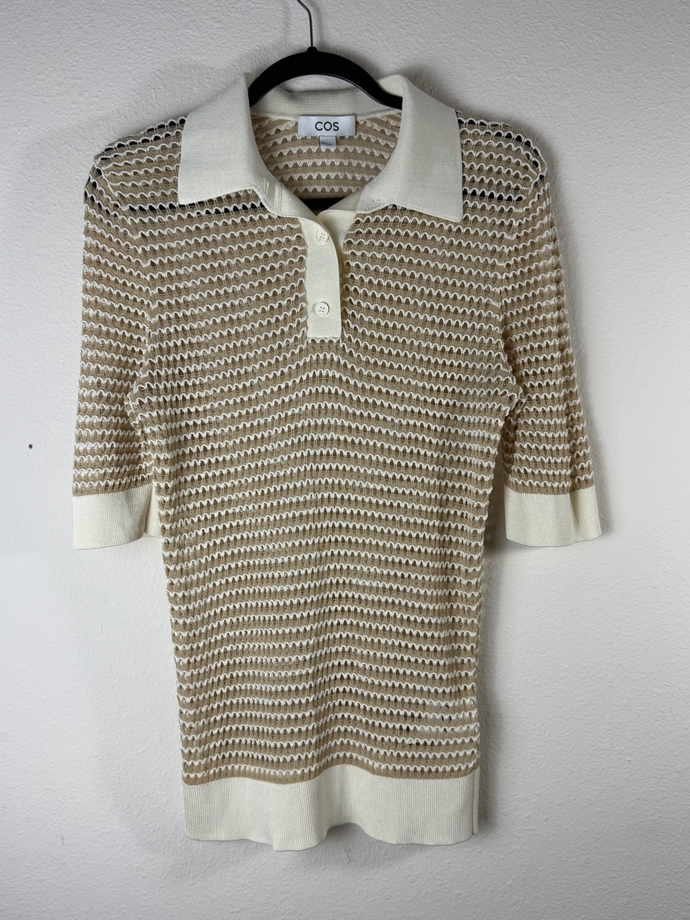 COS Knit Polo Shirt Womens Small Beige Open Mesh Crochet Short Sleeve Collar Top